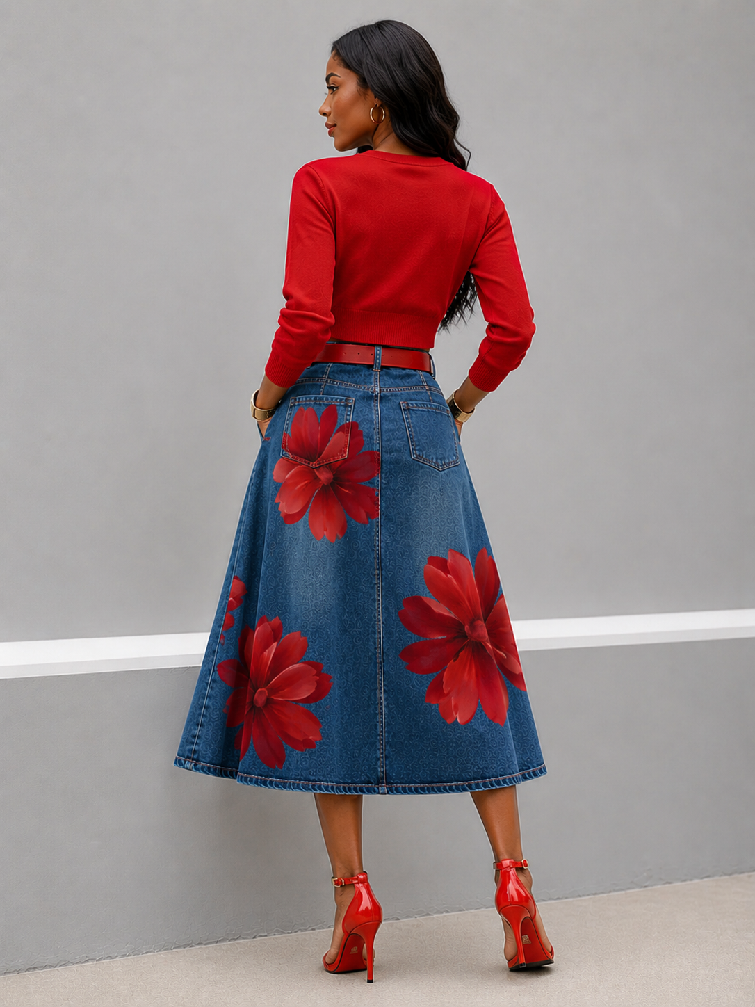 Fashion Floral-Printed Denim A-Line Skirt