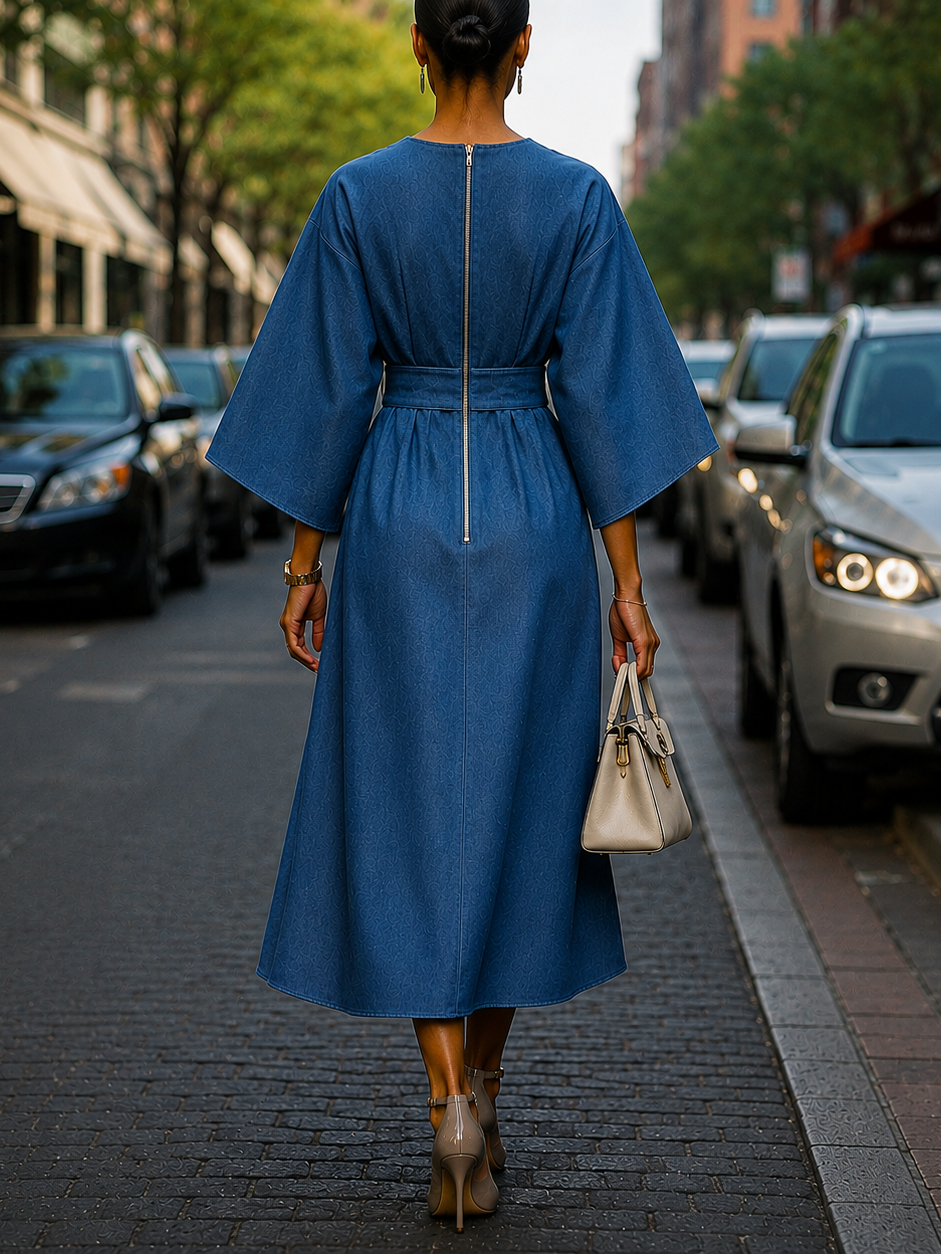 Red Floral Print Denim Texture Kimono Sleeve Midi Dress