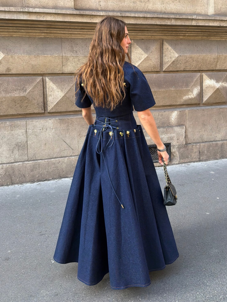Luxury Button Detail Cropped Top And Flared Maxi Skirt Set