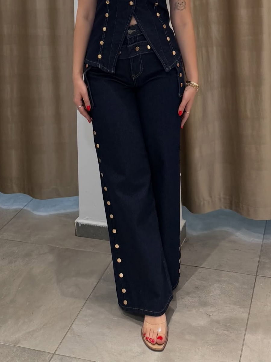 Gold Button Denim Vest & Wide-Leg Jeans Set
