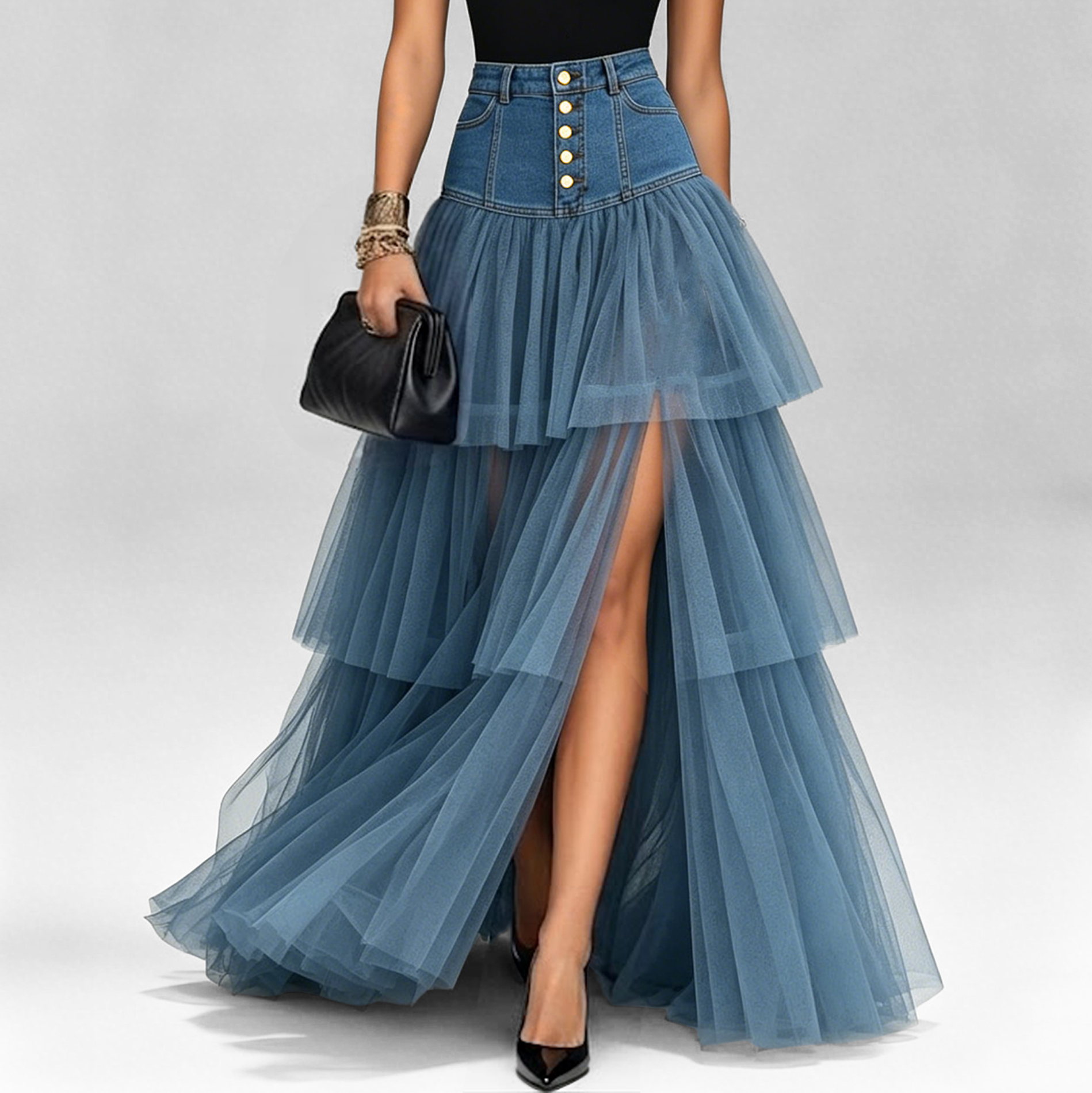 Women's Denim Patchwork Layered Tiered Tulle Mesh Slit High Waist Cake Maxi Skirt