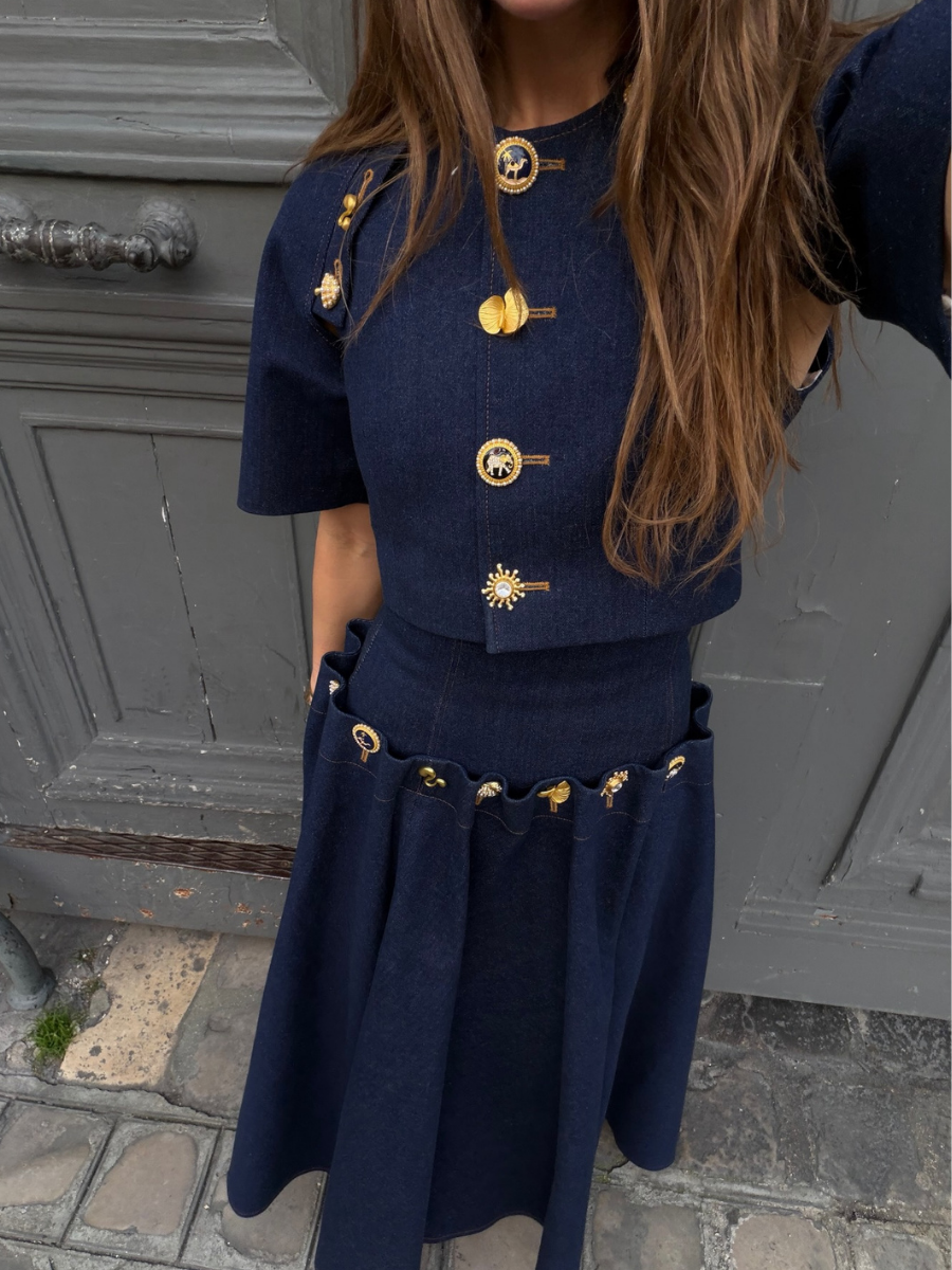 Luxury Button Detail Cropped Top And Flared Maxi Skirt Set