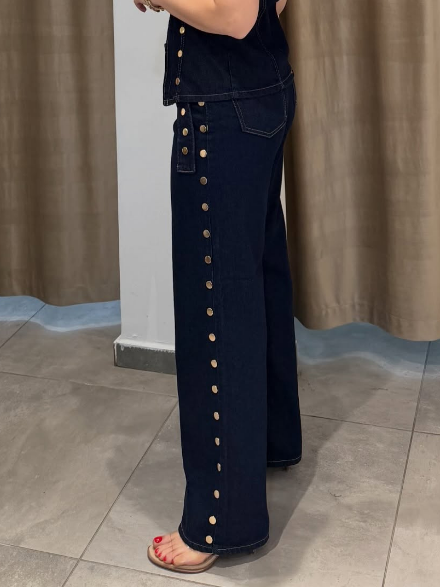 Gold Button Denim Vest & Wide-Leg Jeans Set