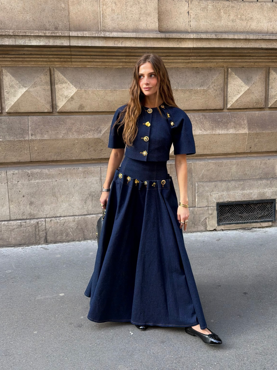 Luxury Button Detail Cropped Top And Flared Maxi Skirt Set