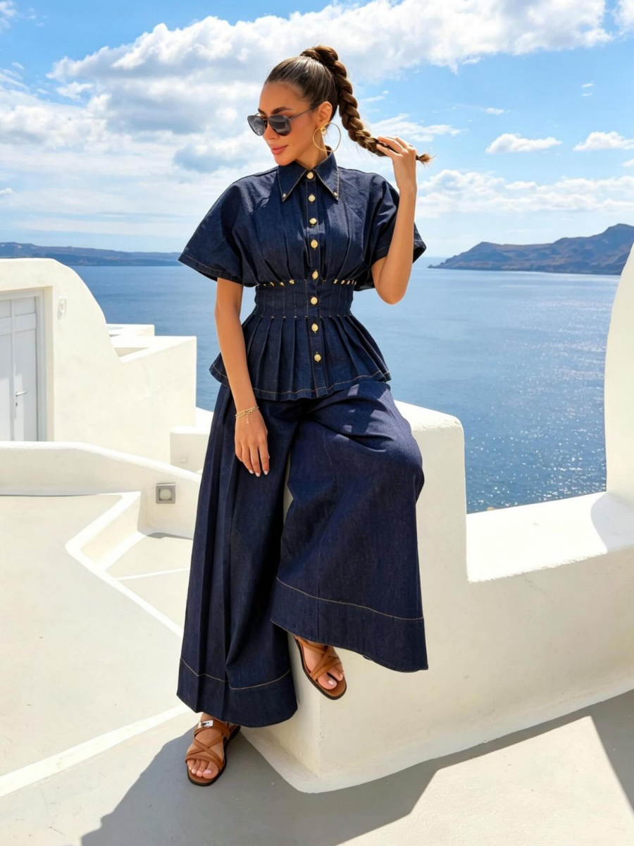Luxury Button Detail Peplum Top And High Waist Wide Leg Pants Set