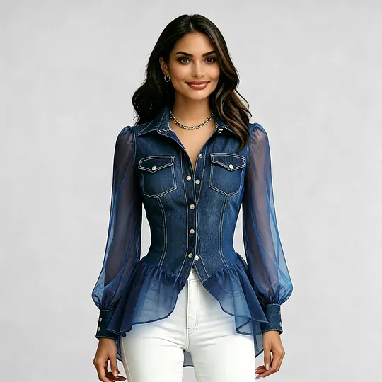 Women's Denim Patchwork Organza See Through Puff Sleeve Button Pockets Peplum Blouse