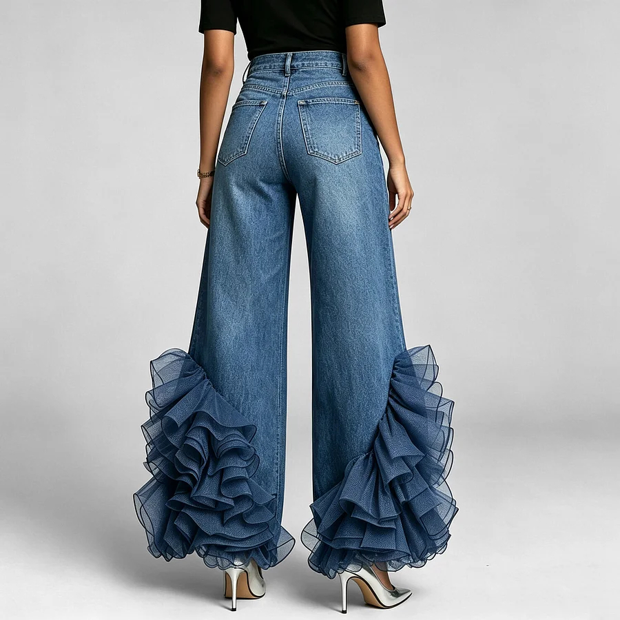 Women's Denim Washed Cascading Ruffles Trim Pocket High Waist Wide Leg Jeans