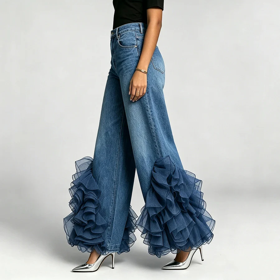 Women's Denim Washed Cascading Ruffles Trim Pocket High Waist Wide Leg Jeans