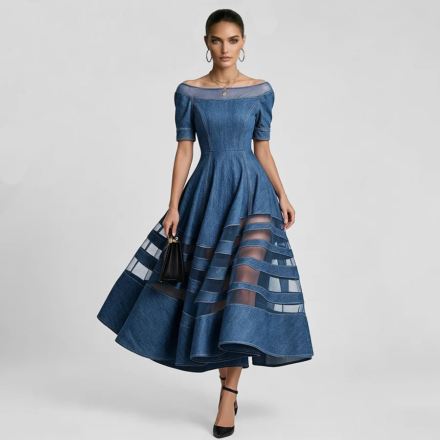 Women's Sheer Mesh Cut-Out Patchwork Denim Short Sleeve Boat Neck Midi Dress