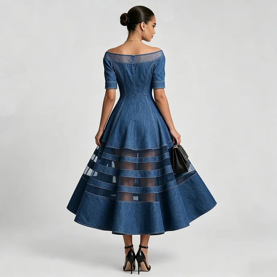 Women's Sheer Mesh Cut-Out Patchwork Denim Short Sleeve Boat Neck Midi Dress