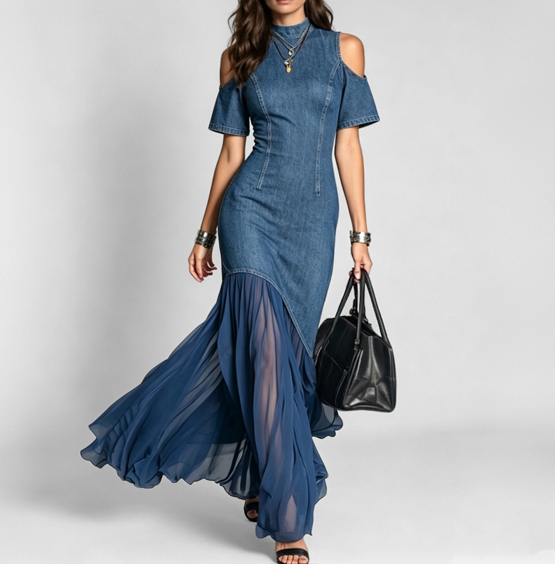 Women's Vintage Denim Cold Shoulder High Neck Chiffon Patchwork Bodycon Mermaid Maxi Dress