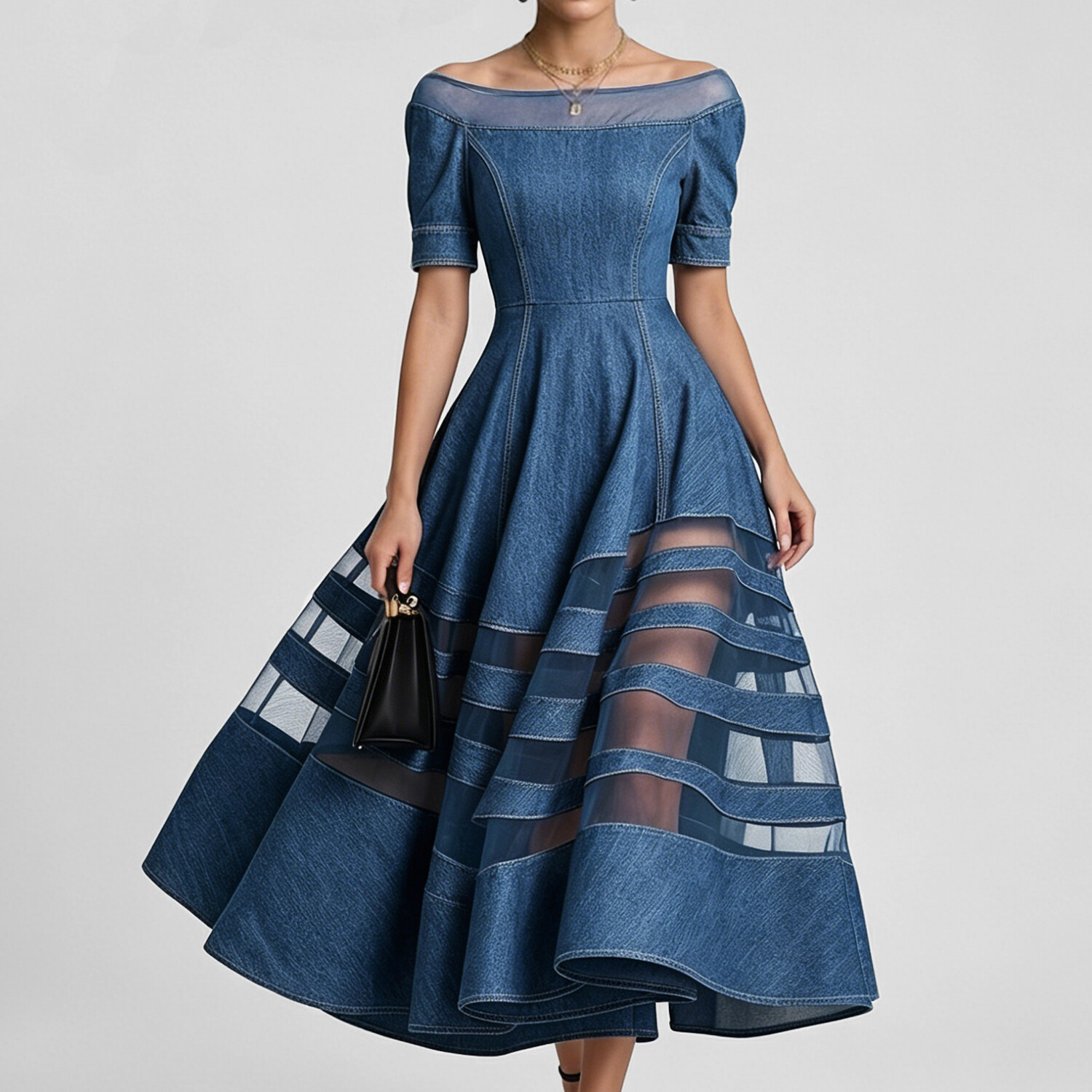 Women's Sheer Mesh Cut-Out Patchwork Denim Short Sleeve Boat Neck Midi Dress