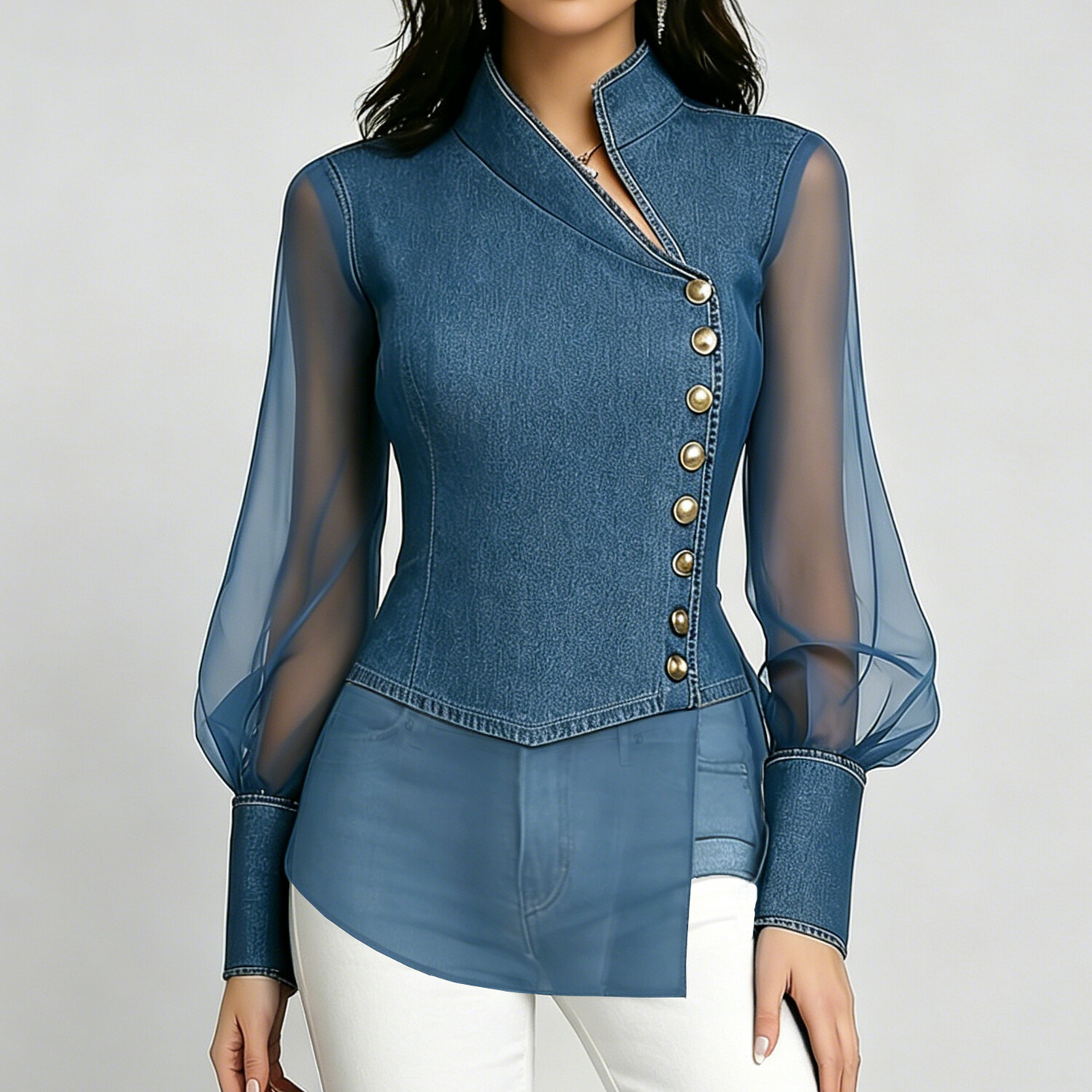 Women's Vintage Asymmetrical Collar Denim Organza Patchwork Long Sleeve Button Down Fitted Blouse