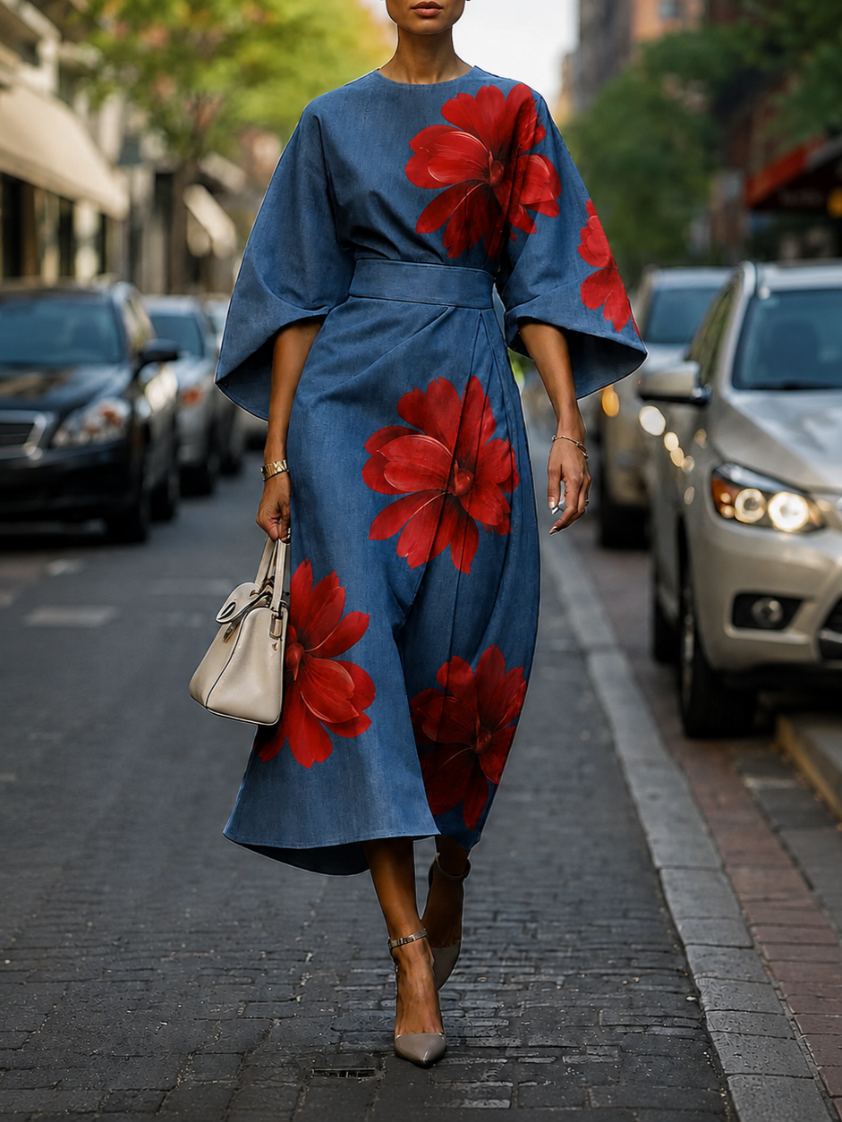 Red Floral Print Denim Texture Kimono Sleeve Midi Dress
