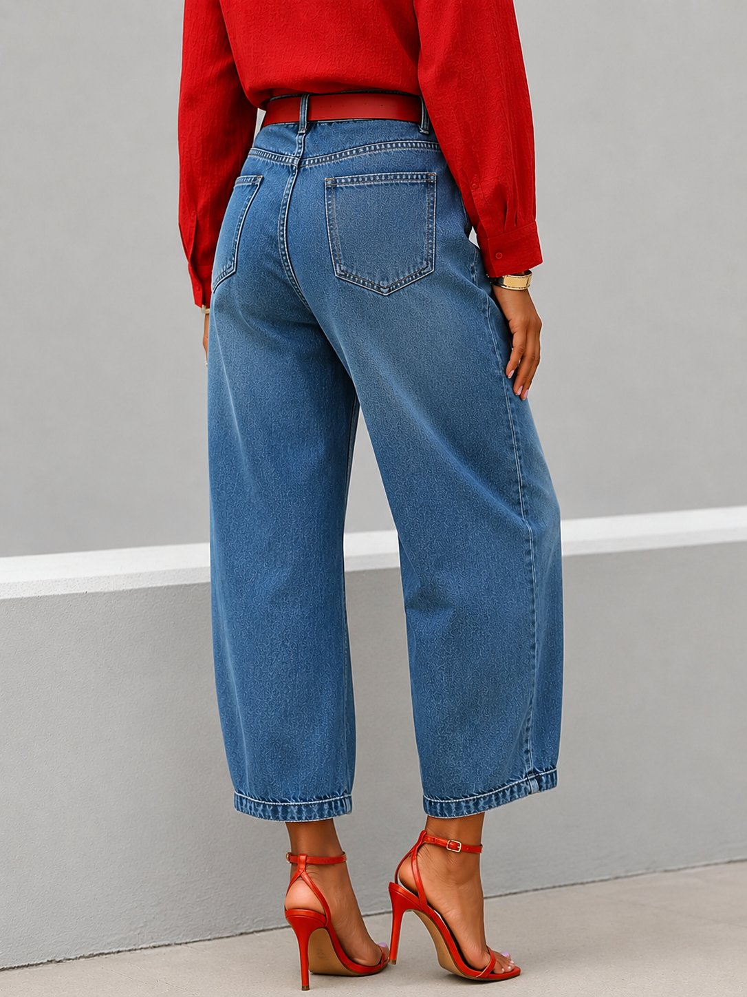 Red Floral Print Cropped Wide-Leg Denim Pants