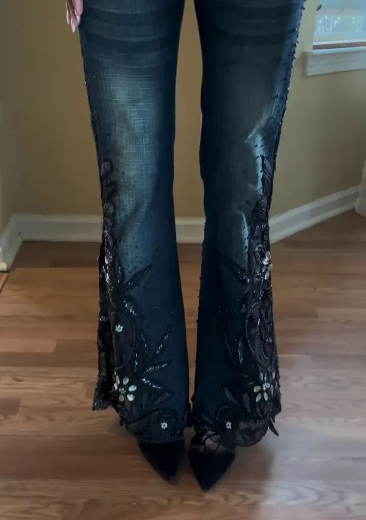 [Copy]Fashionable Lace-Embroidered Denim Bell-Bottom Pants