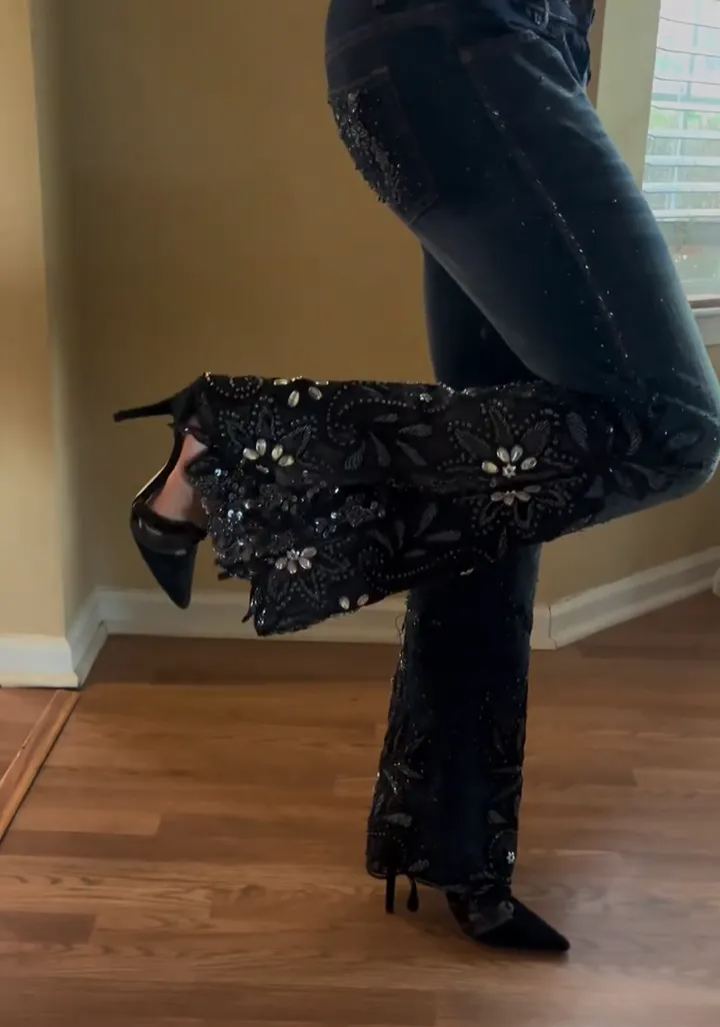 [Copy]Fashionable Lace-Embroidered Denim Bell-Bottom Pants