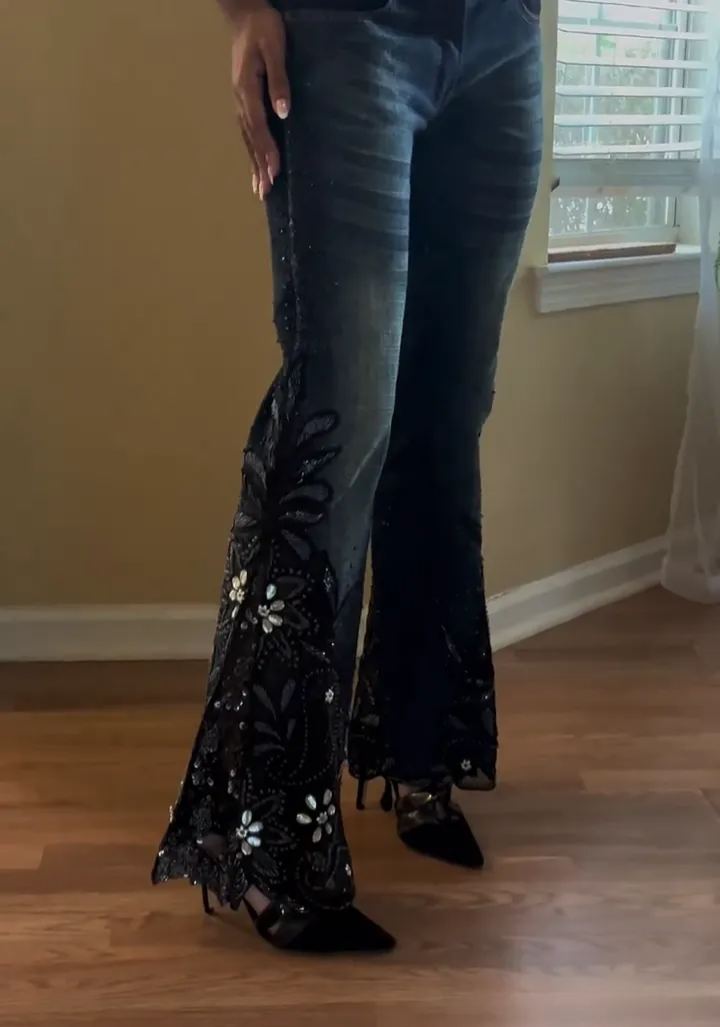 [Copy]Fashionable Lace-Embroidered Denim Bell-Bottom Pants