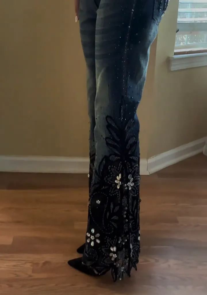 [Copy]Fashionable Lace-Embroidered Denim Bell-Bottom Pants