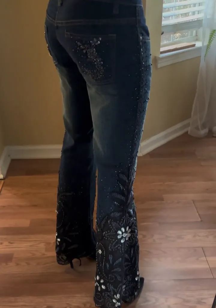 [Copy]Fashionable Lace-Embroidered Denim Bell-Bottom Pants