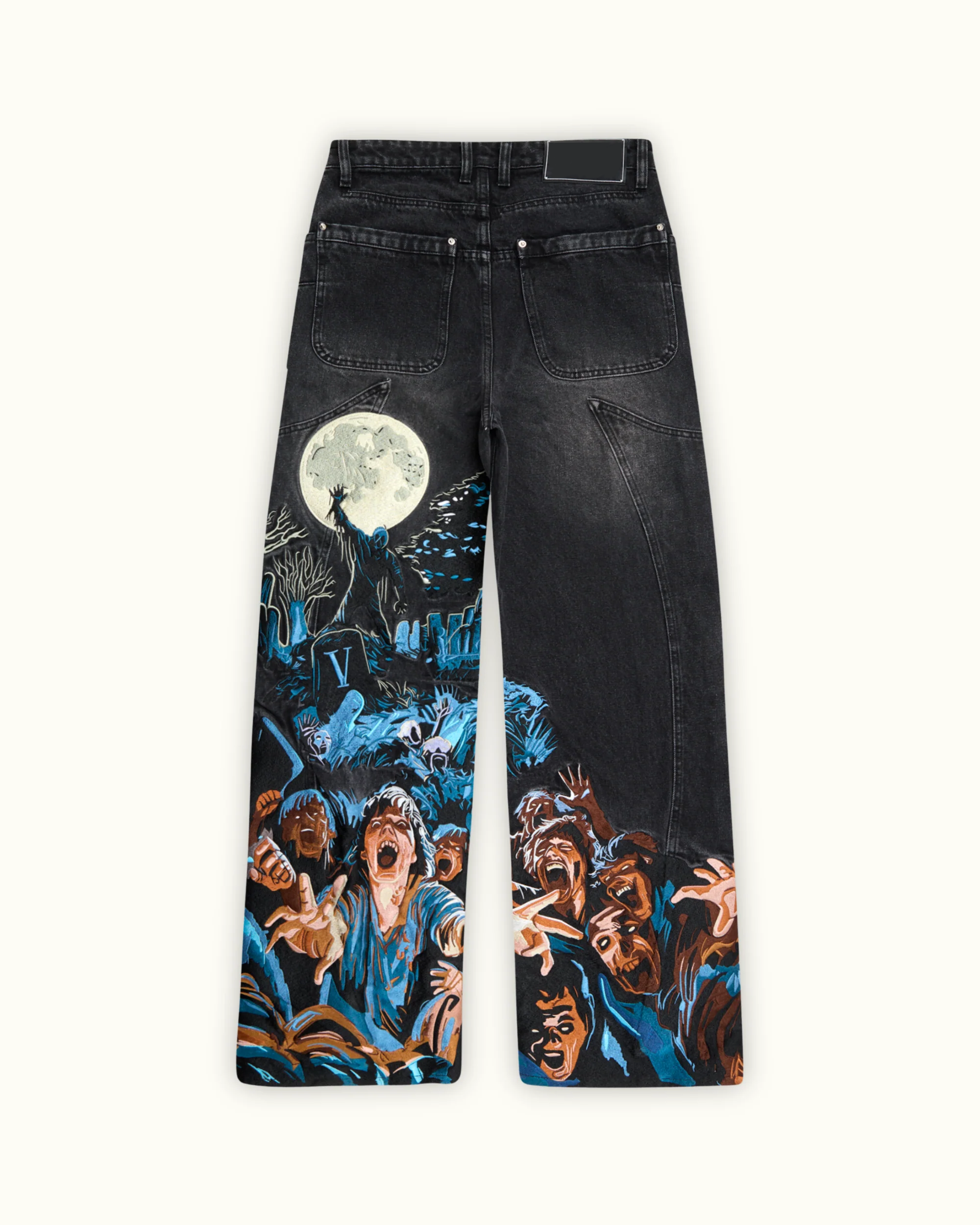 Zombie Graveyard Print Baggy Jeans - Horror Themed Black Wide Leg Denim Pants