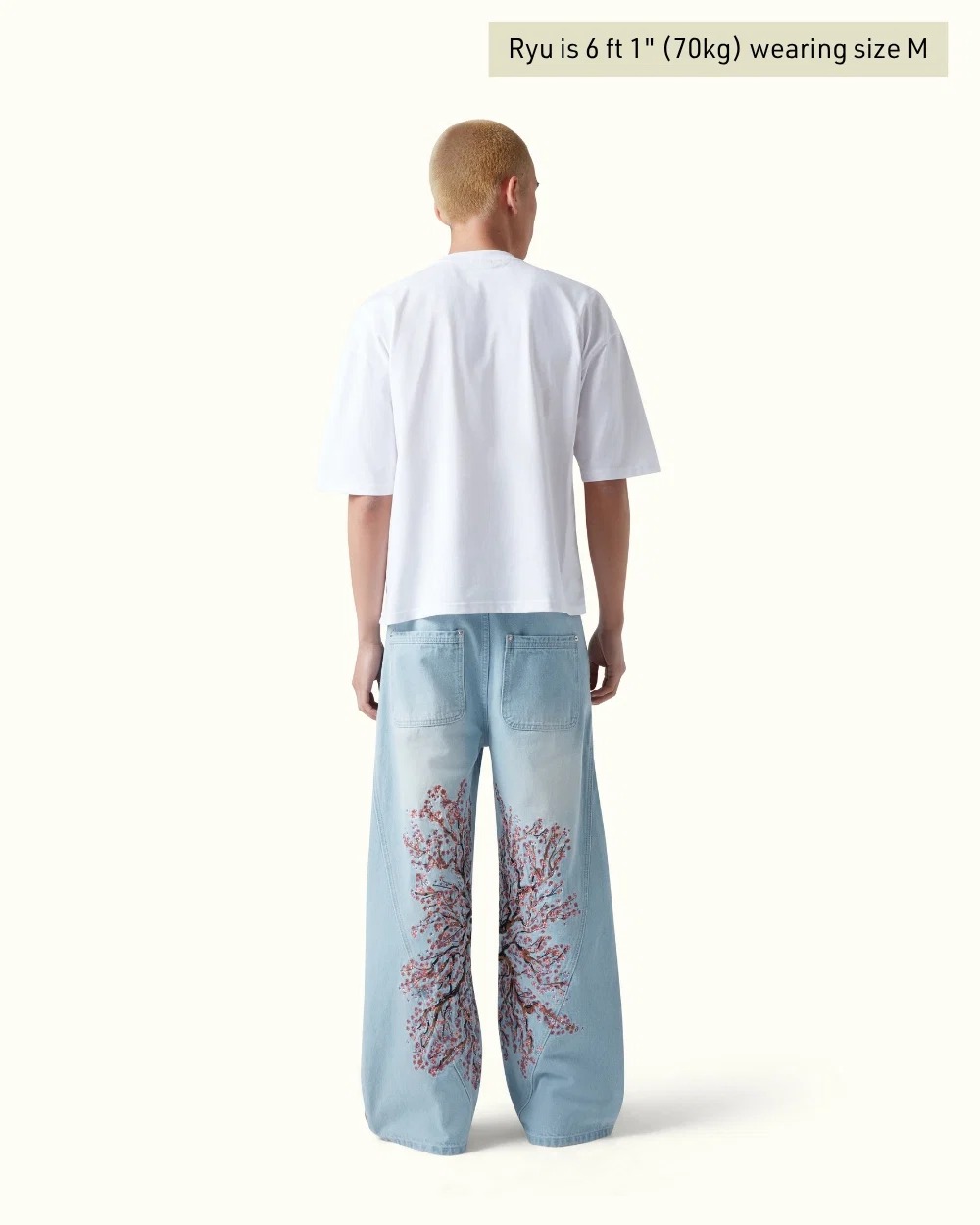 Oversized Light Wash Denim Jeans with Large Cherry Blossom Embroidery - Baggy Streetwear Pants