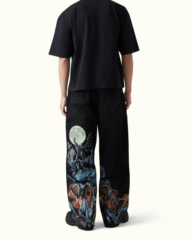 Zombie Graveyard Print Baggy Jeans - Horror Themed Black Wide Leg Denim Pants