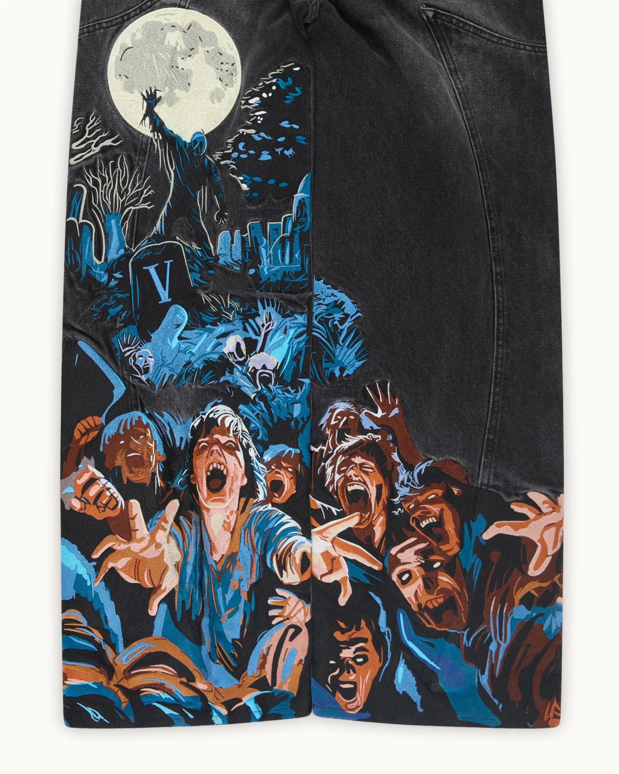 Zombie Graveyard Print Baggy Jeans - Horror Themed Black Wide Leg Denim Pants