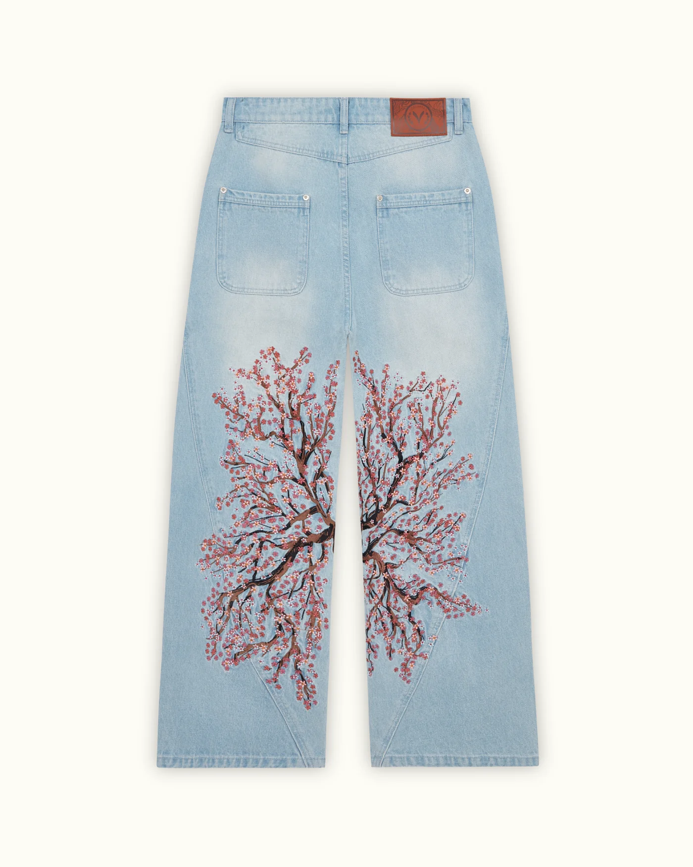 Oversized Light Wash Denim Jeans with Large Cherry Blossom Embroidery - Baggy Streetwear Pants