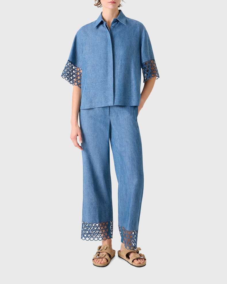 Guipure Short-Sleeve Denim Button-Down Shirt