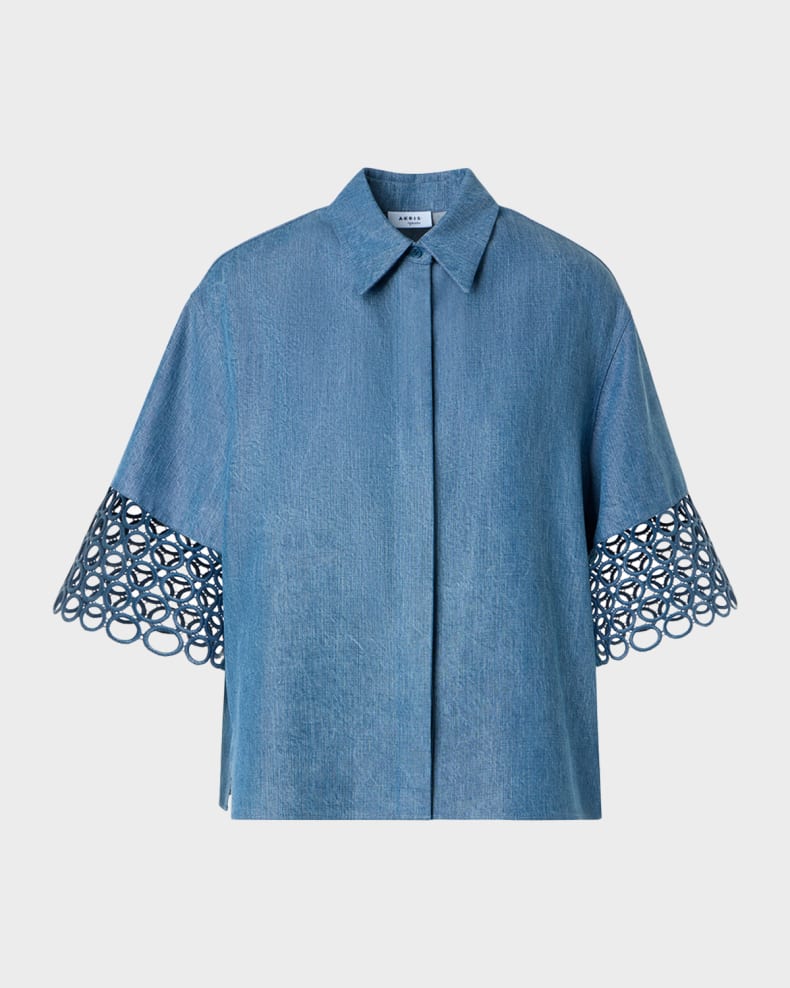 Guipure Short-Sleeve Denim Button-Down Shirt
