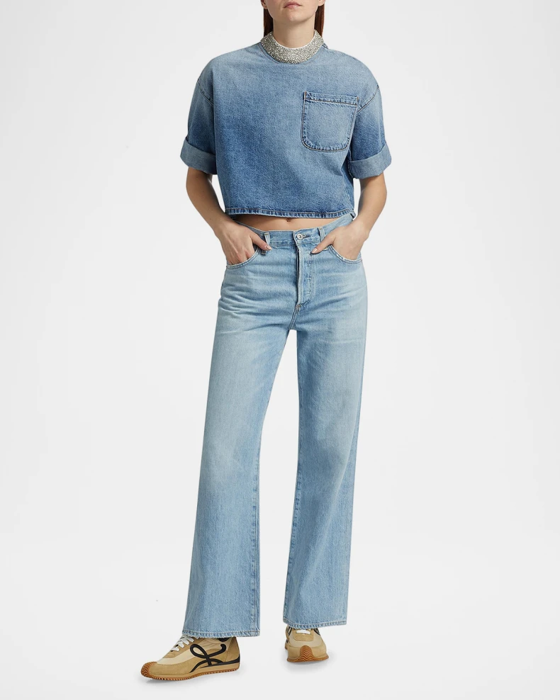 Ex T Denim Crop Top with Crystal Collar
