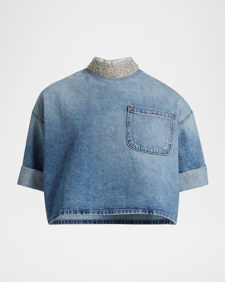 Ex T Denim Crop Top with Crystal Collar
