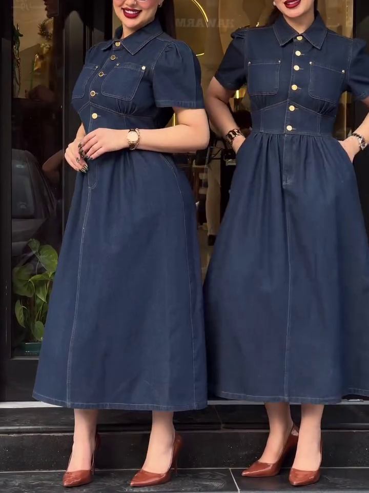 Wash Denim Button-Up Puff Sleeve Maxi Dress