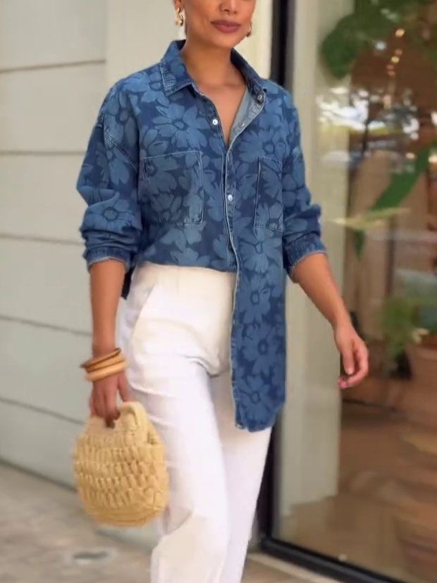 Blue Floral Print Denim Button-Up Shirt Jacket