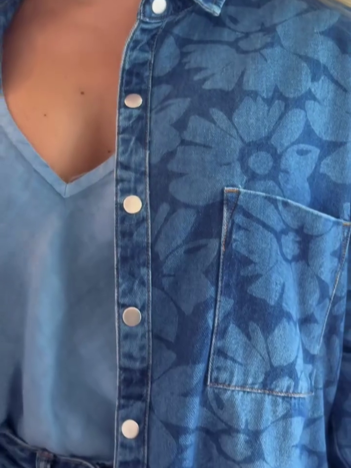 Blue Floral Print Denim Button-Up Shirt Jacket