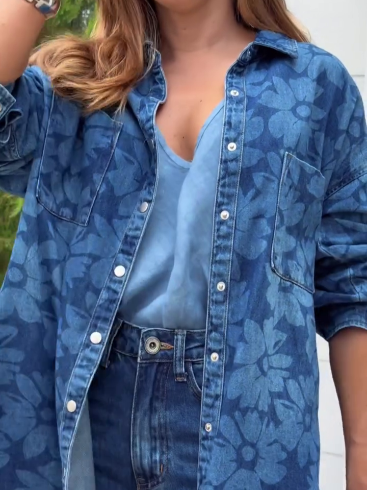 Blue Floral Print Denim Button-Up Shirt Jacket