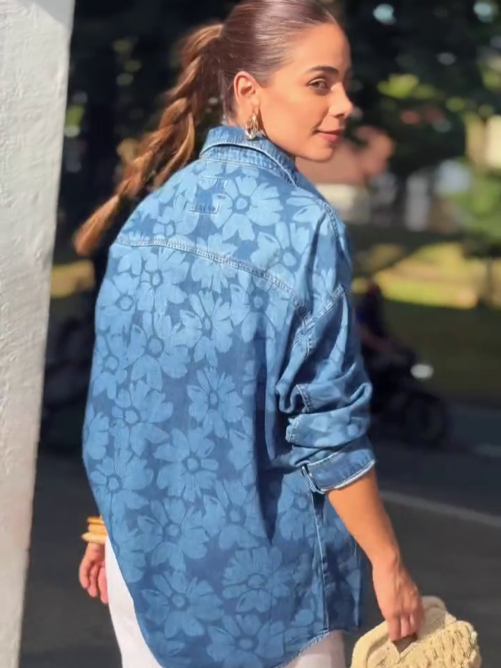 Blue Floral Print Denim Button-Up Shirt Jacket