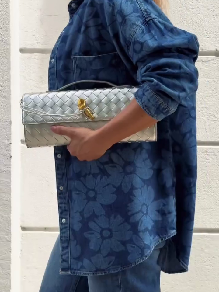 Blue Floral Print Denim Button-Up Shirt Jacket