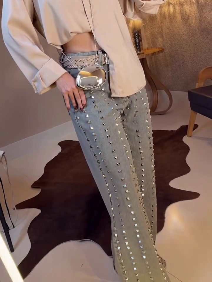 Studded High Waist Wide Leg Denim Pants