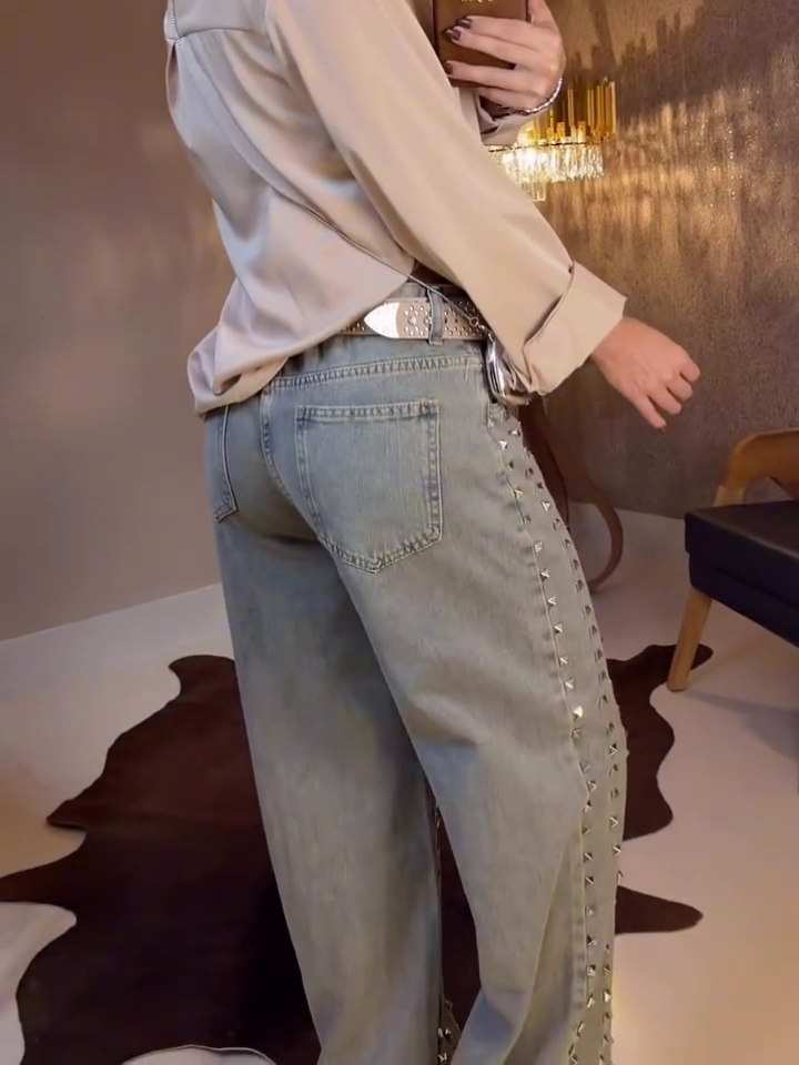 Studded High Waist Wide Leg Denim Pants