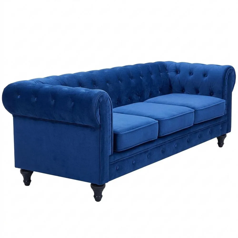 Elegantes 3-Sitzer Sofa aus Samt in Blau mit Knopfheftung