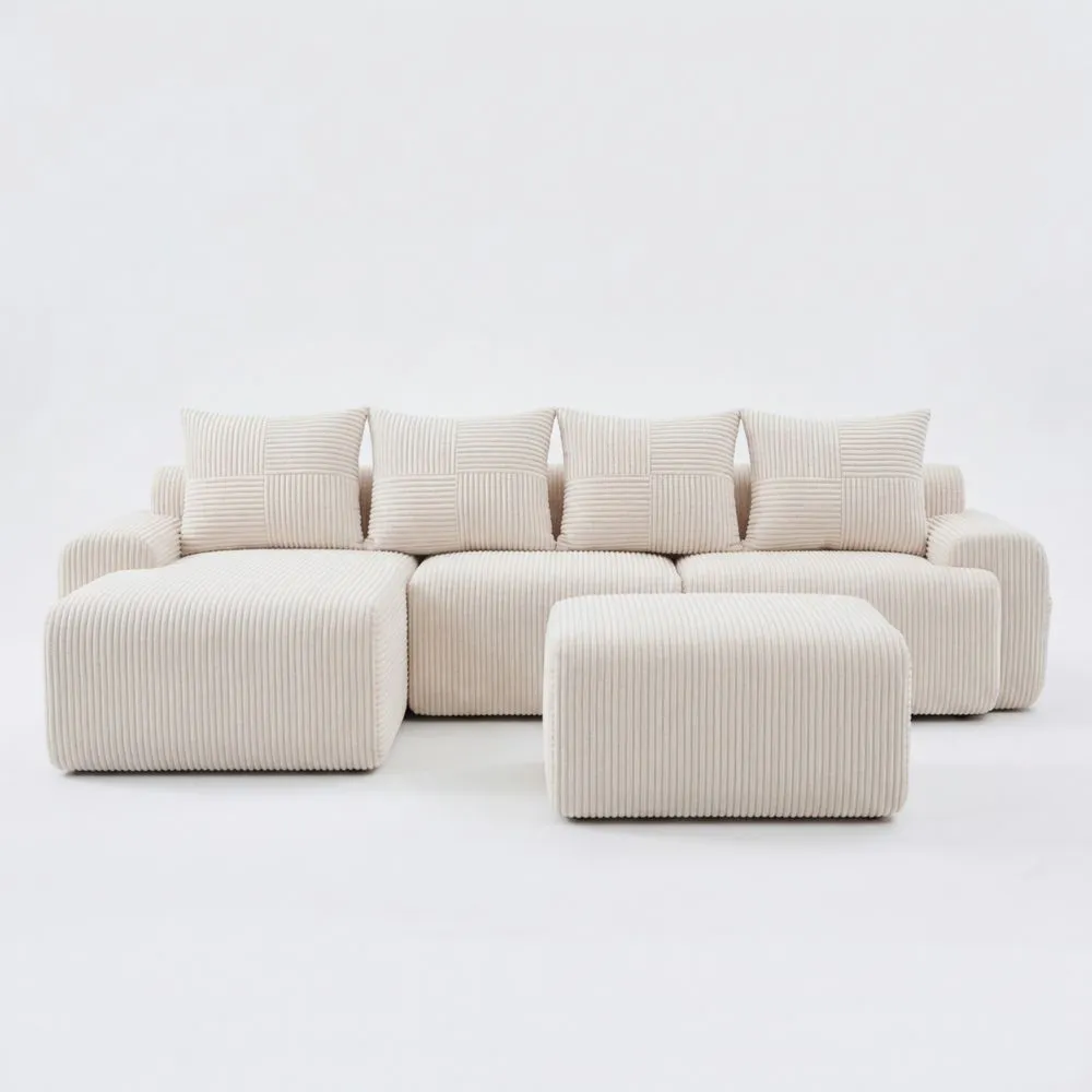 Modulares Cordsofa mit Hockern und Kissen, Beigeton