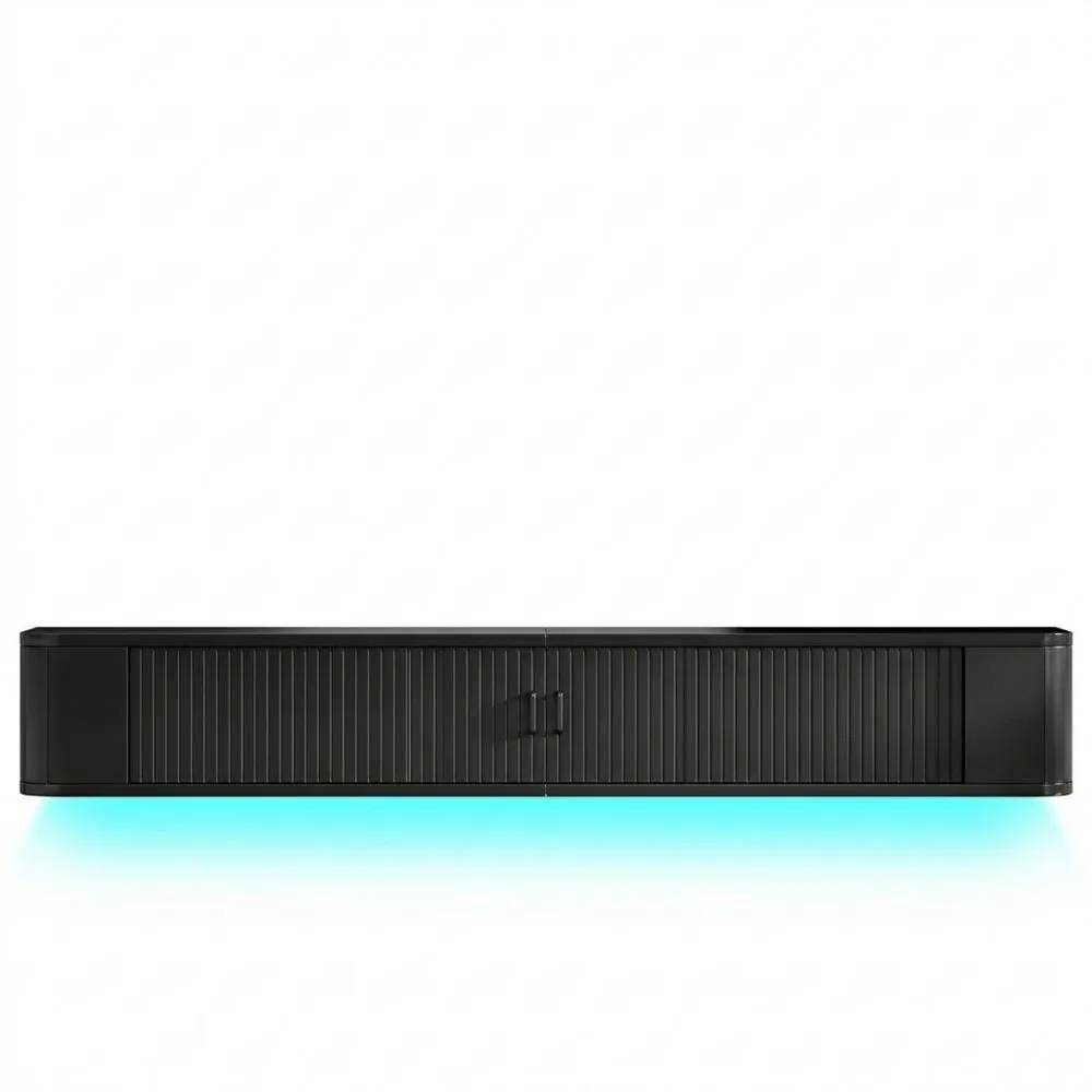 Wandmontierter TV-Schrank mit LED-Beleuchtung und Stauraum, Hochglanz Schwarz