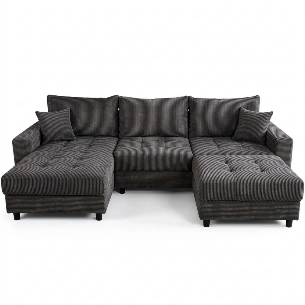 Stilvolle Ecksofa Wohnlandschaft in Dunkelgrau mit Hocker