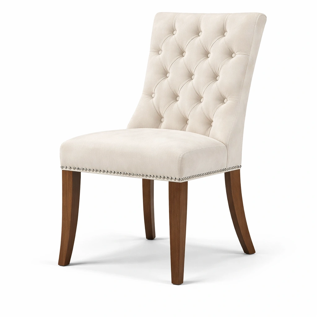 Sillas de comedor de tela beige con respaldo capitoneado y patas de madera-roompira