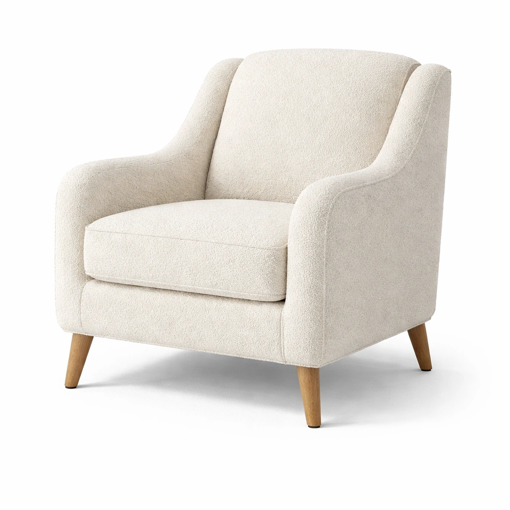 Sillón de poliéster crema con patas de madera de haya-roompira