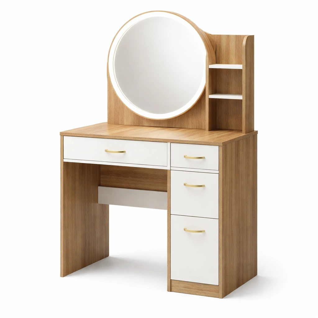 Tocador de MDF con espejo LED 4 cajones y estantes-roompira