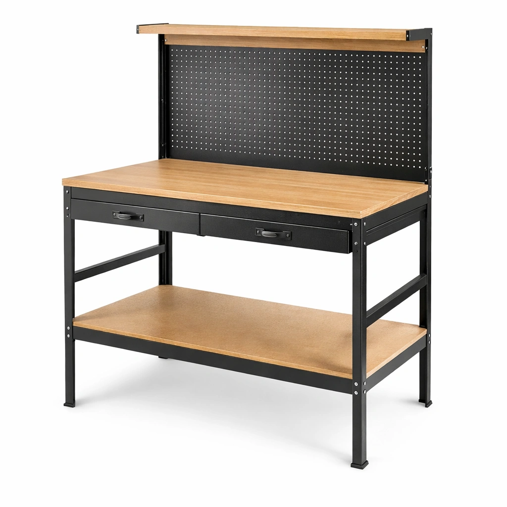 Banco de trabajo de acero y madera con tablero perforado-furnzerae