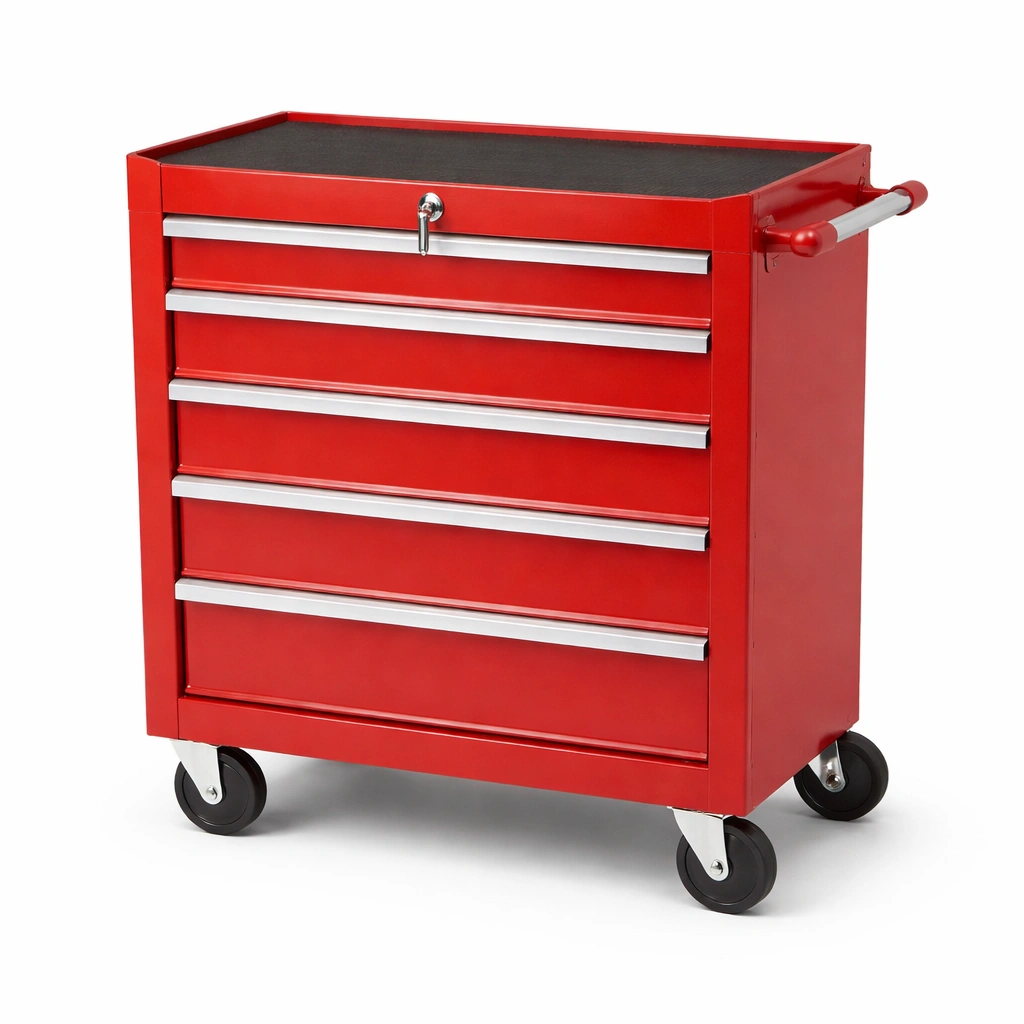 Carro de herramientas de acero rojo con 5 cajones y ruedas-furnzerae